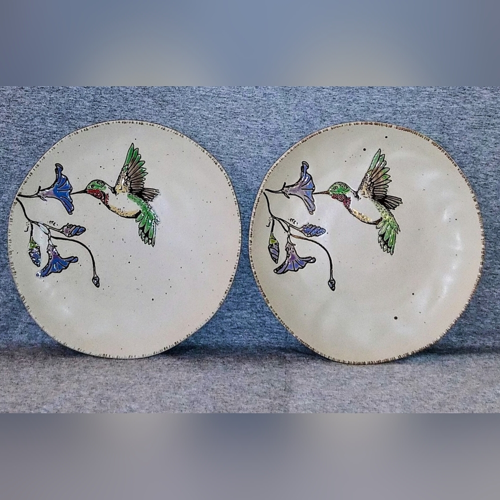 (2) inHomeStylez Ceramic/Stoneware 11" Dinner Plates "Ruby Hummingbird" - Picture 2 of 11